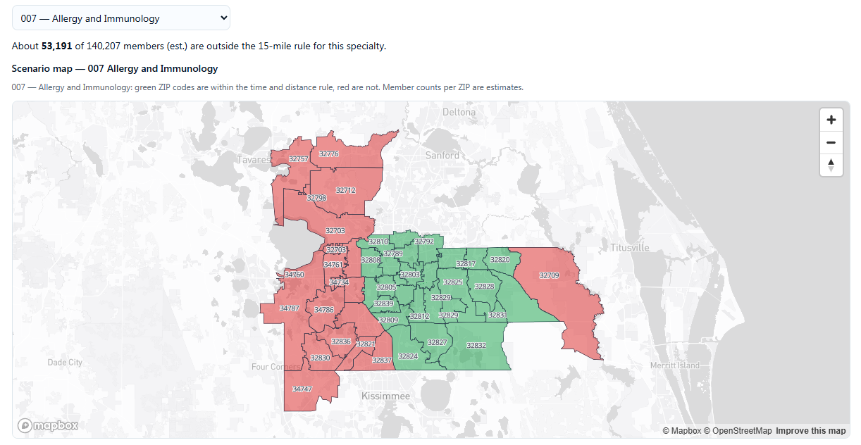 Allergy and Immunology baseline map showing ZIP access gaps before adding a provider