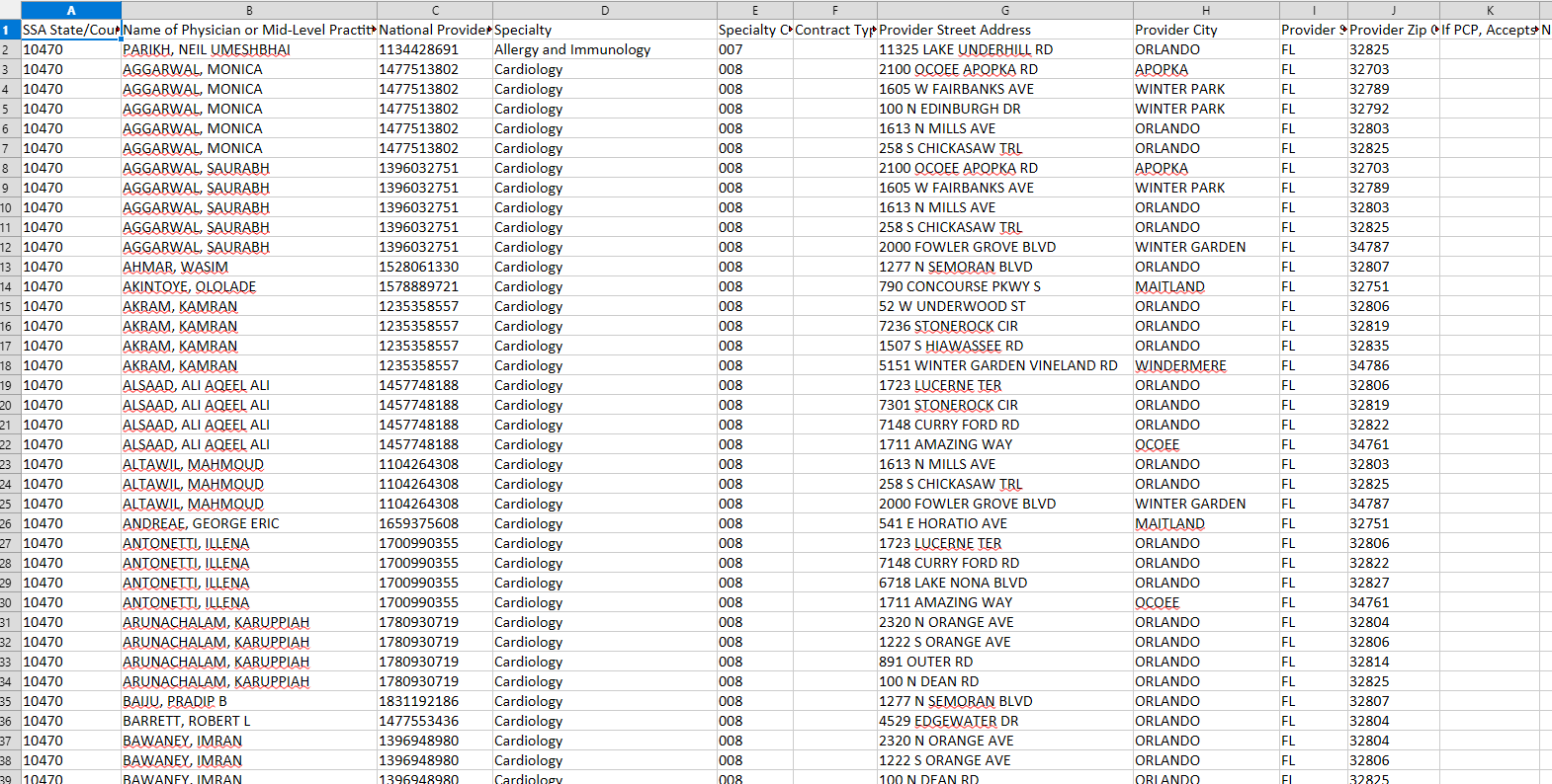 Provider HSD table filled with provider network data in the CMS reporting column order