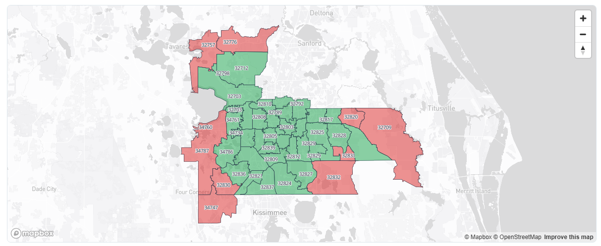 ZIP-level network coverage map showing which ZIP codes meet estimated access standards
